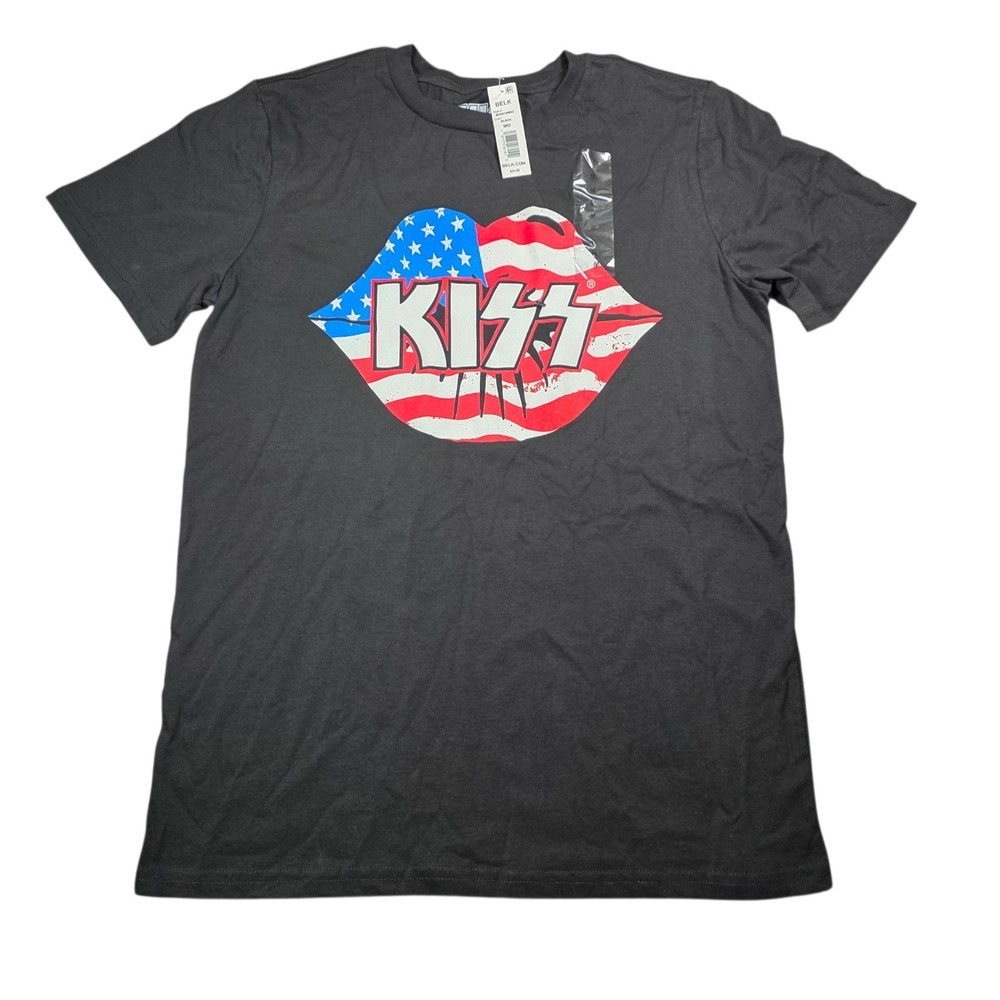 KISS Band T-Shirt Mens Medium Black American Flag Lips Graphic Tee New NWT